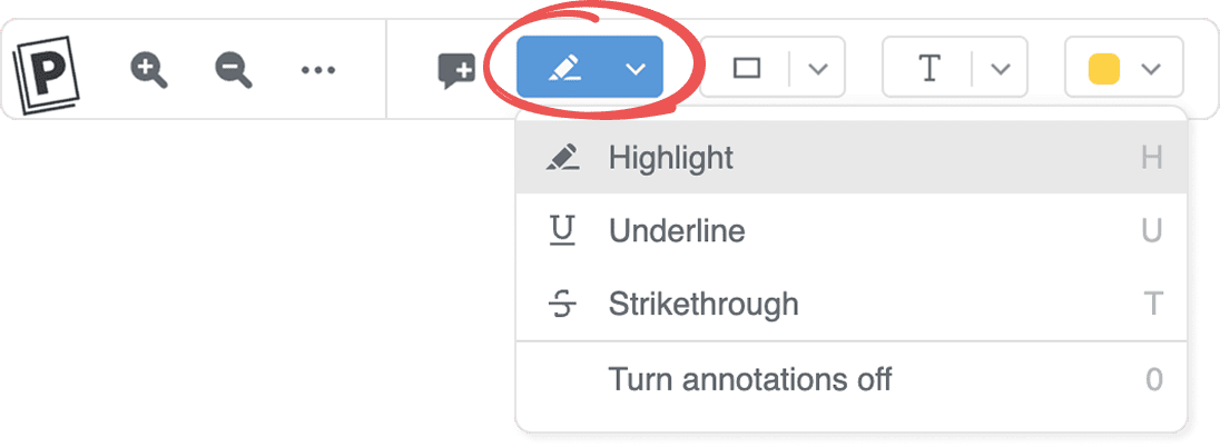 The PDF viewer toolbar with the circled highlight button open, listing Highlight, Underline, Strikethrough and “Turn annotations off” with their keyboard shortcuts.